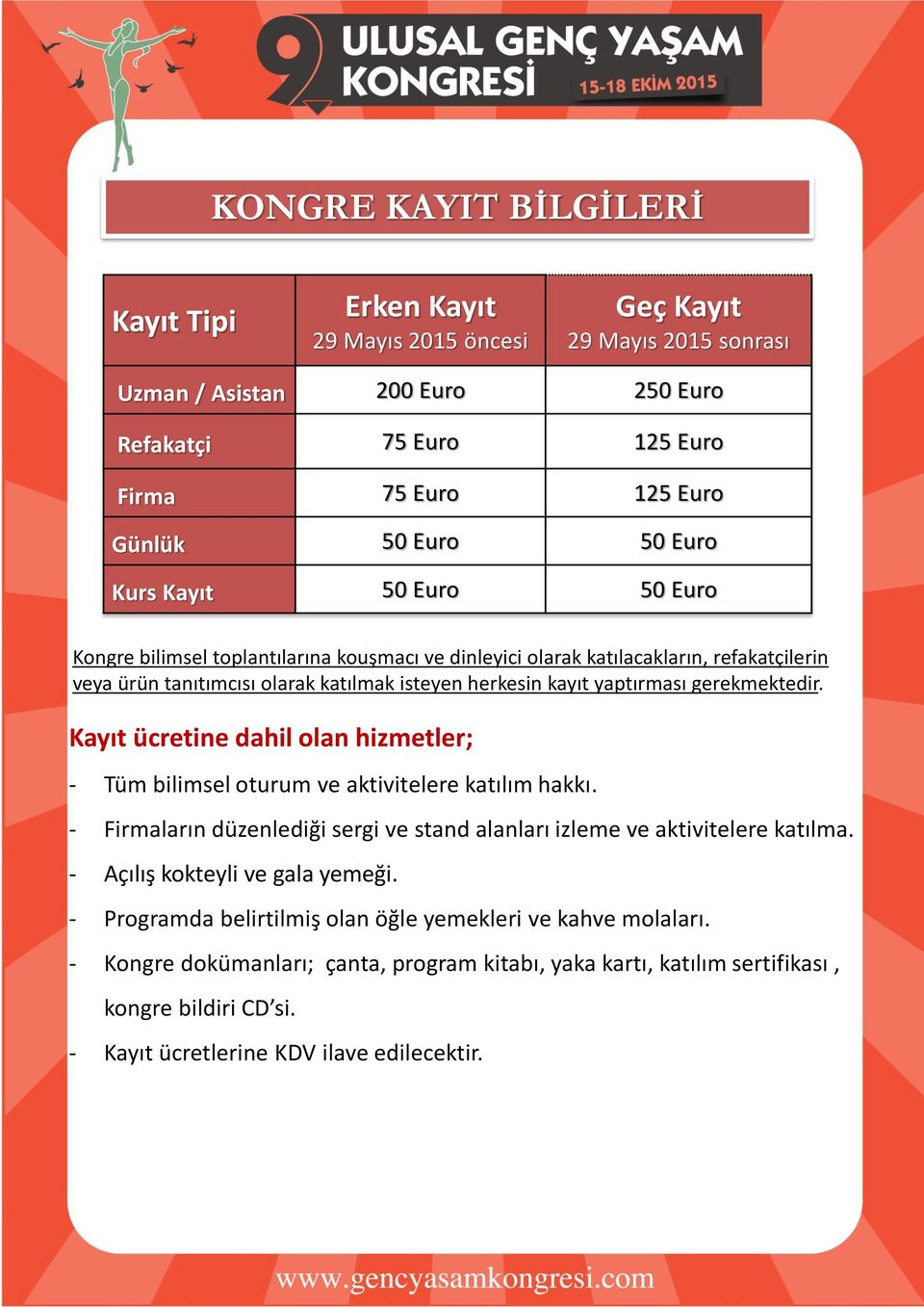 gerekmektedir. Kayıt ücretine dahil olan hizmetler; - Tüm bilimsel oturum ve aktivitelere katılım hakkı. - Firmaların düzenlediği sergi ve stand alanları izleme ve aktivitelere katılma.