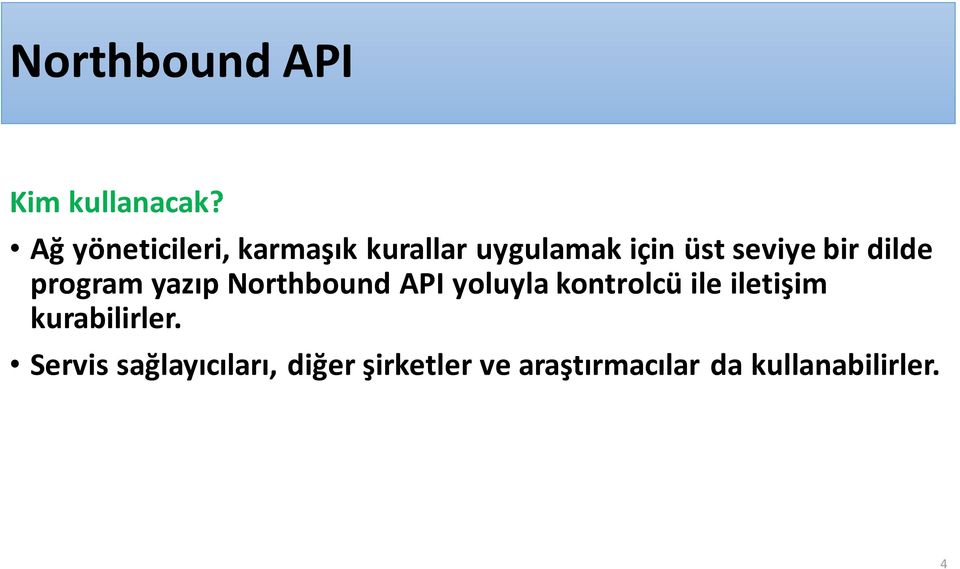 bir dilde program yazıp Northbound API yoluyla kontrolcü ile
