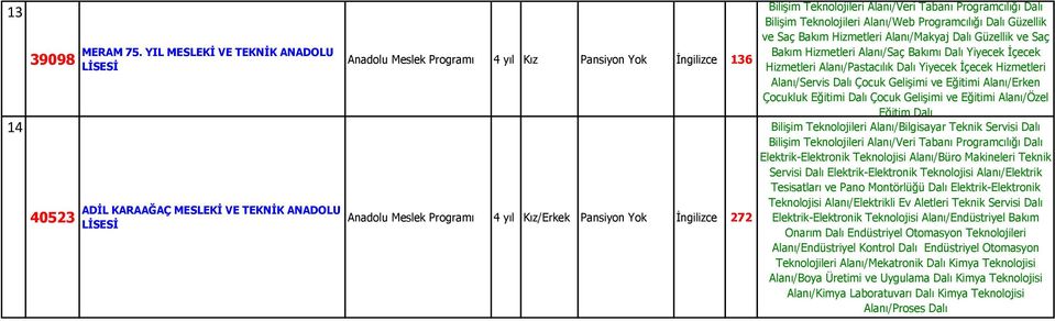 Bilişim Teknolojileri Alanı/Web Programcılığı Dalı Güzellik ve Saç Bakım Hizmetleri Alanı/Makyaj Dalı Güzellik ve Saç Bakım Hizmetleri Alanı/Saç Bakımı Dalı Yiyecek İçecek Hizmetleri Alanı/Pastacılık