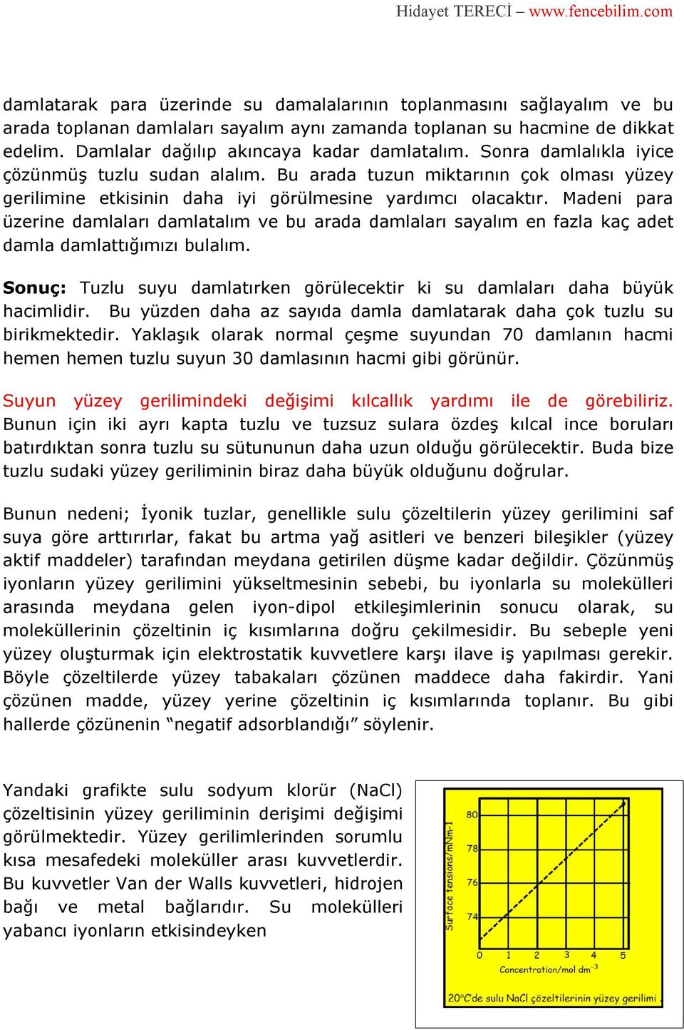 Madeni para üzerine damlaları damlatalım ve bu arada damlaları sayalım en fazla kaç adet damla damlattığımızı bulalım. Sonuç: Tuzlu suyu damlatırken görülecektir ki su damlaları daha büyük hacimlidir.