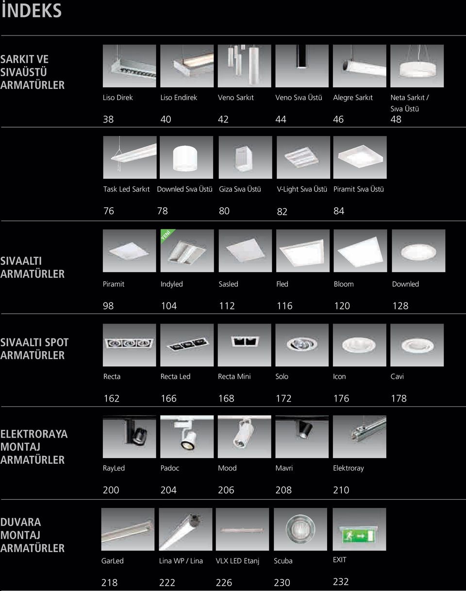 Sasled Fled Bloom Downled 98 104 112 116 120 128 SIVAALTI SPOT ARMATÜRLER Recta Recta Led Recta Mini Solo Icon Cavi 162 166 168 172 176 178 ELEKTRORAYA