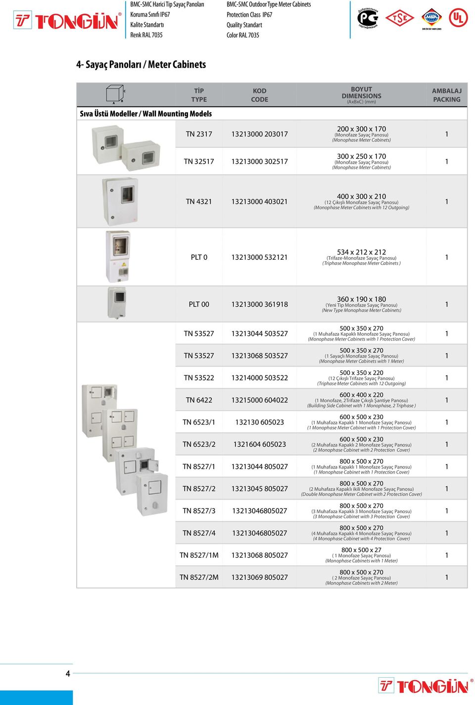 (Monophase Meter Cabinets) TN 432 323000 40302 400 x 300 x 20 (2 Çıkışlı Monofaze Sayaç Panosu) (Monophase Meter Cabinets with 2 Outgoing) PLT 0 323000 5322 534 x 22 x 22 (Trifaze-Monofaze Sayaç