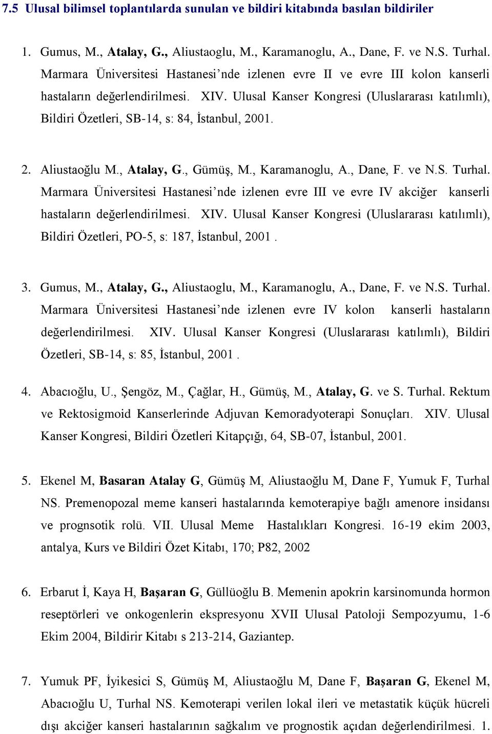 Ulusal Kanser Kongresi (Uluslararası katılımlı), Bildiri Özetleri, SB-14, s: 84, İstanbul, 2001. 2. Aliustaoğlu M., Atalay, G., Gümüş, M., Karamanoglu, A., Dane, F. ve N.S. Turhal.