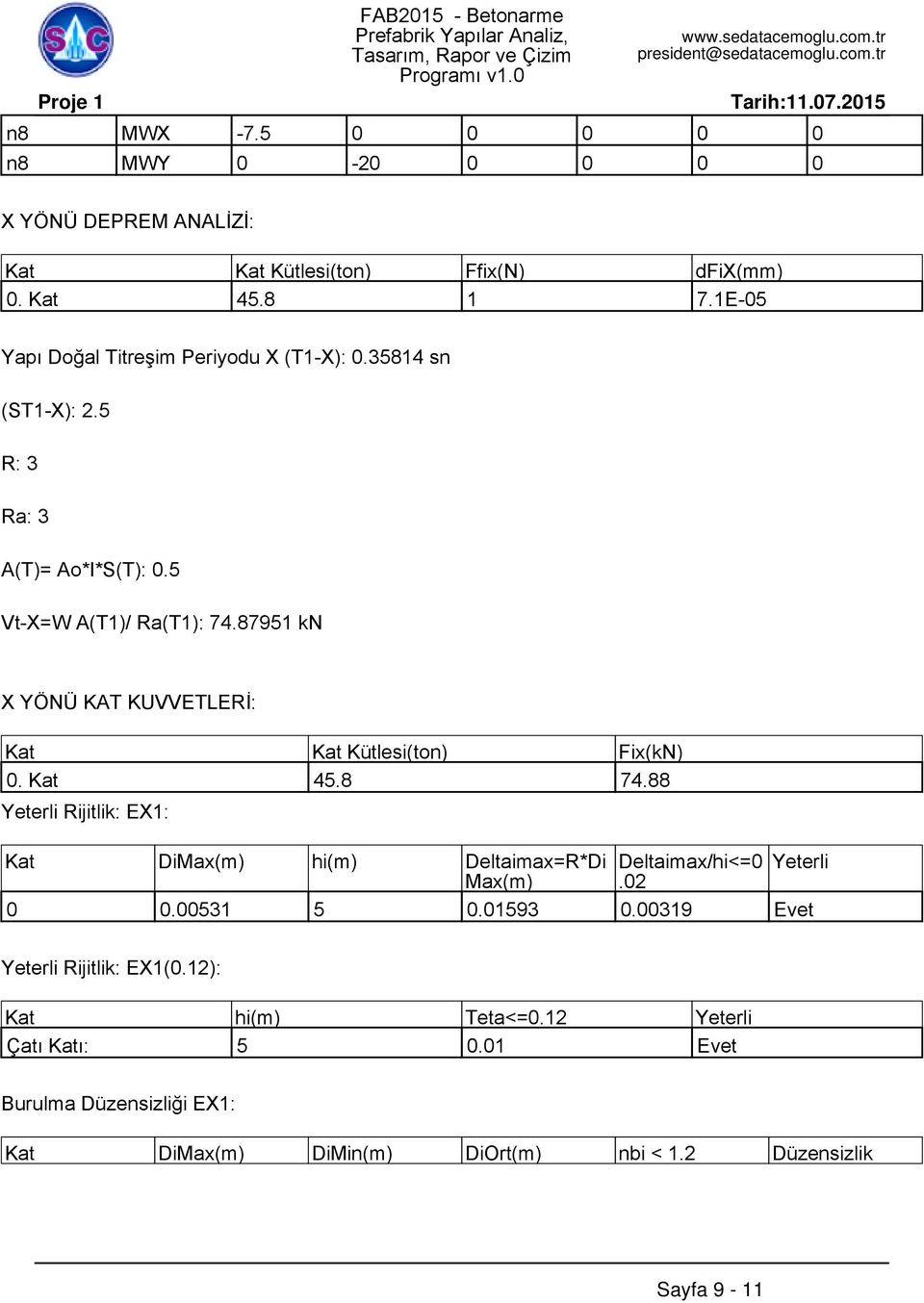 87951 kn X YÖNÜ KAT KUVVETLERİ: Kat Kat Kütlesi(ton) Fix(kN) 0. Kat 45.8 74.