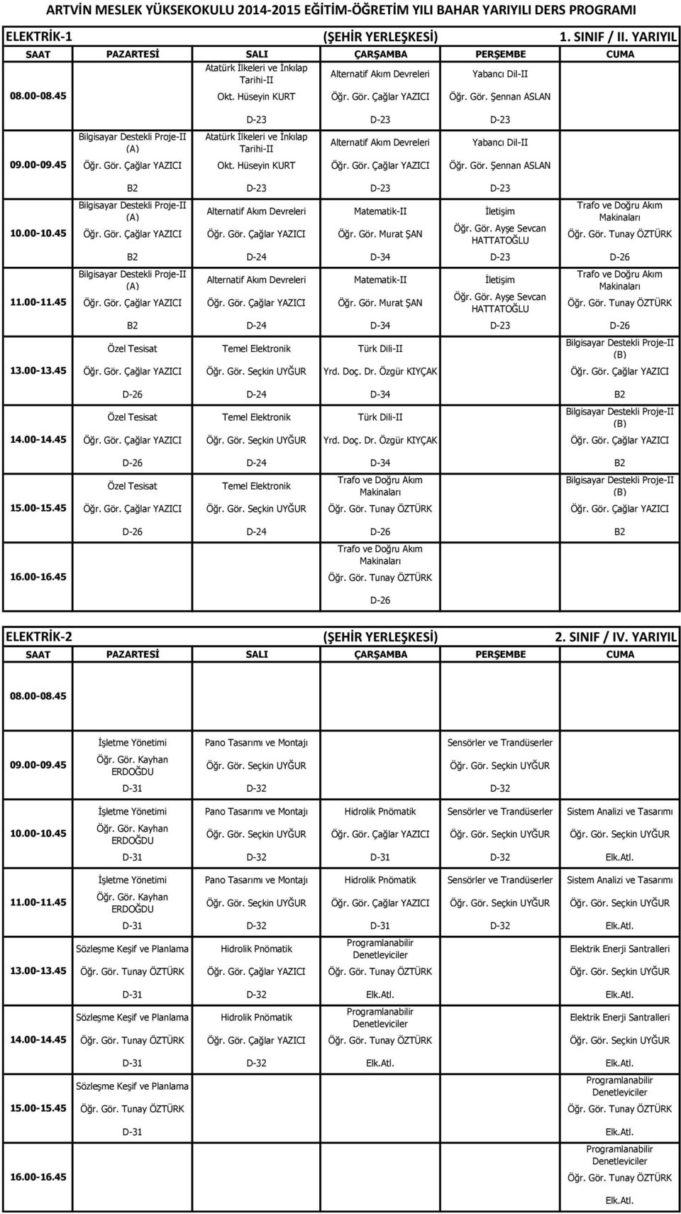 Gör. Çağlar YAZICI Öğr. Gör. Çağlar YAZICI Öğr. Gör. Murat ŞAN Trafo ve Doğru Akım Makinaları B2 D-24 D-34 D-23 D-26 (A) Alternatif Akım Devreleri Matematik-II İletişim Öğr. Gör. Çağlar YAZICI Öğr. Gör. Çağlar YAZICI Öğr. Gör. Murat ŞAN Trafo ve Doğru Akım Makinaları B2 D-24 D-34 D-23 D-26 Özel Tesisat Temel Elektronik Türk Dili-II (B) Öğr.