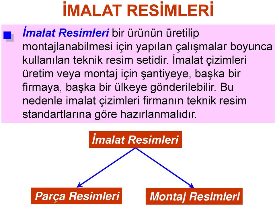 İmalat çizimleri üretim veya montaj için şantiyeye, başka bir firmaya, başka bir ülkeye