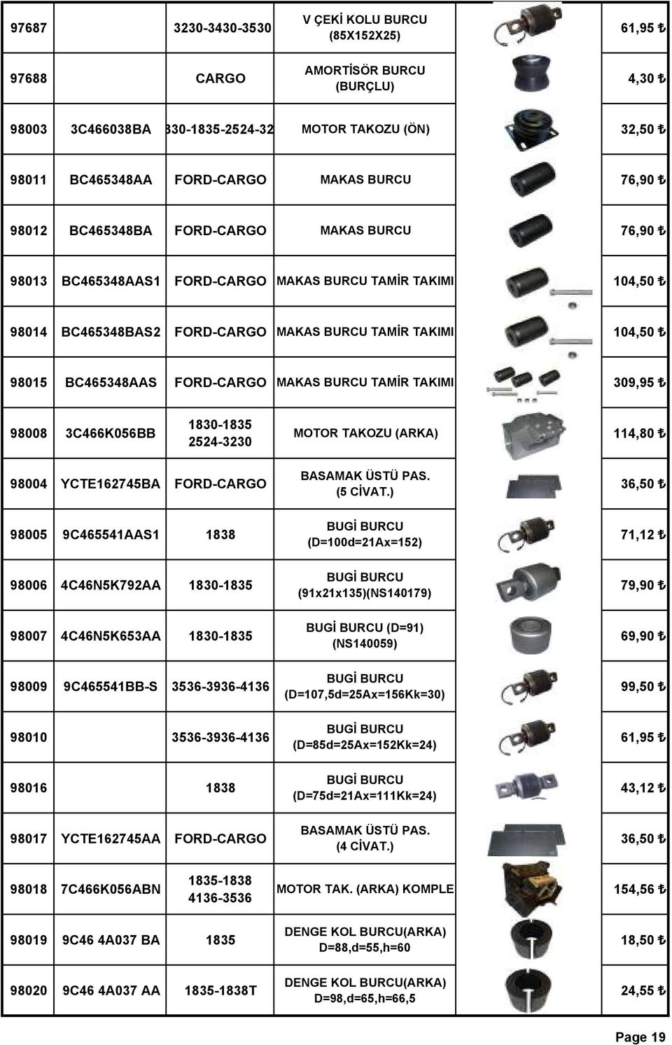 FORD-CARGO MAKAS BURCU TAMİR TAKIMI 309,95 98008 3C466K056BB 1830-1835 2524-3230 MOTOR TAKOZU (ARKA) 114,80 98004 YCTE162745BA FORD-CARGO BASAMAK ÜSTÜ PAS. (5 CİVAT.