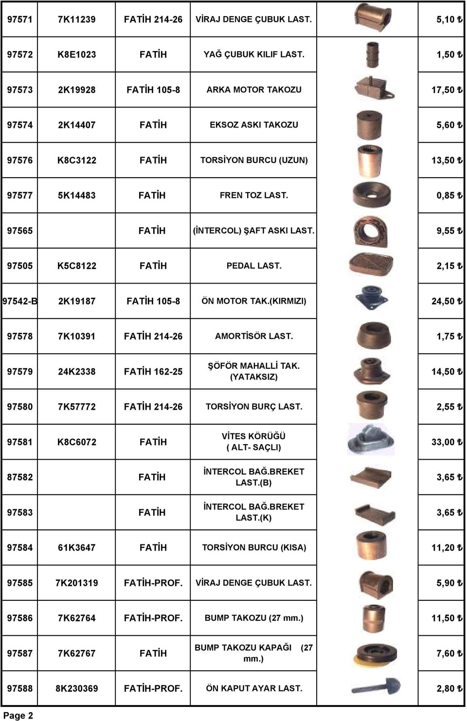 0,85 97565 FATİH (İNTERCOL) ŞAFT ASKI LAST. 9,55 97505 K5C8122 FATİH PEDAL LAST. 2,15 97542-B 2K19187 FATİH 105-8 ÖN MOTOR TAK.(KIRMIZI) 24,50 97578 7K10391 FATİH 214-26 AMORTİSÖR LAST.