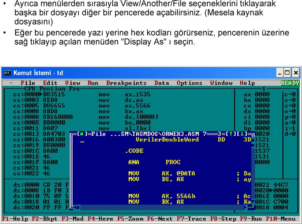 (Mesela kaynak dosyasını) Eğer bu pencerede yazı yerine hex kodları