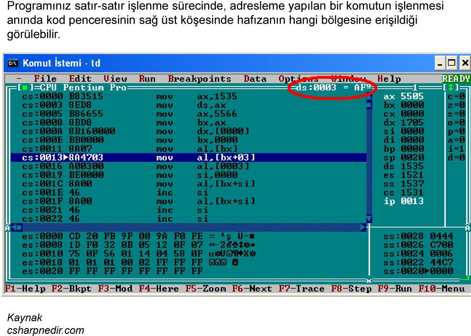 kod penceresinin sağ üst köşesinde hafızanın