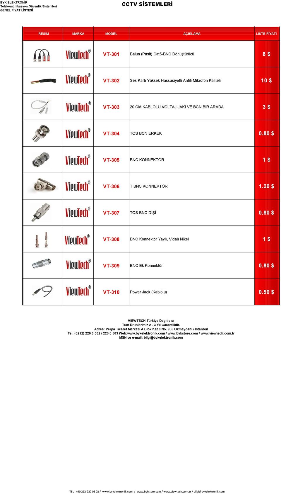 VT-308 BNC Konnektör Yaylı, Vidalı Nikel 1 $ VT-309 BNC Ek Konnektör 0. VT-310 Power Jack (Kablolu) 0.