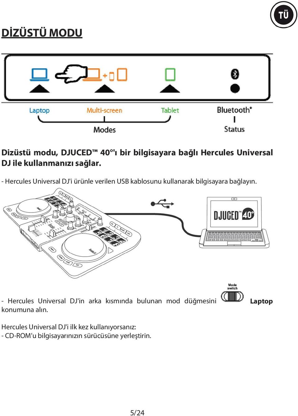 - Hercules Universal DJ'i ürünle verilen USB kablosunu kullanarak bilgisayara bağlayın.