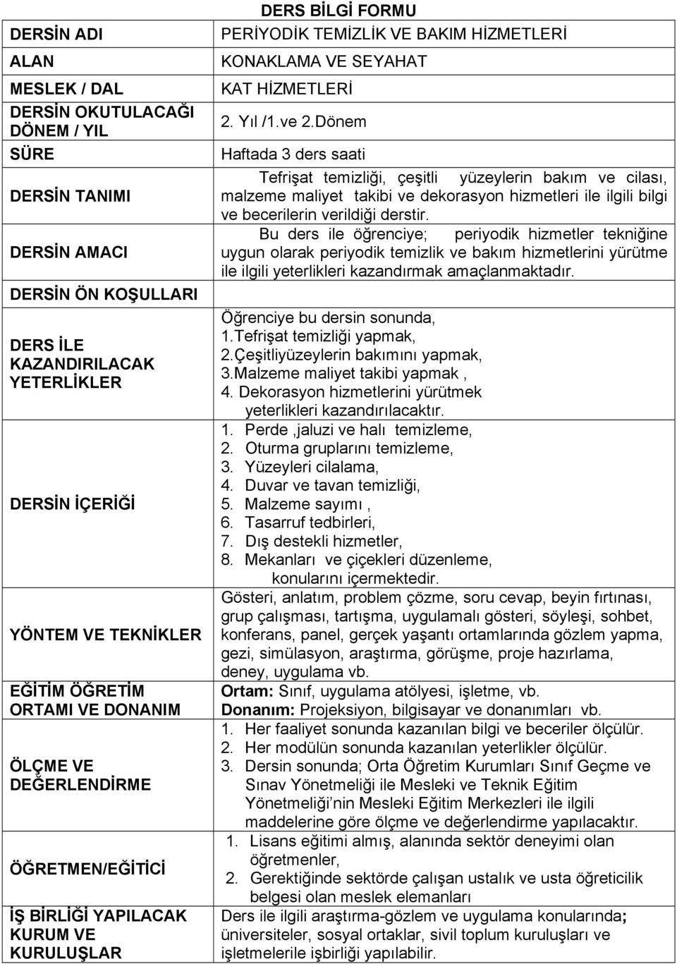 Yıl /1.ve 2.Dönem Haftada 3 ders saati Tefrişat temizliği, çeşitli yüzeylerin bakım ve cilası, malzeme maliyet takibi ve dekorasyon hizmetleri ile ilgili bilgi ve becerilerin verildiği derstir.