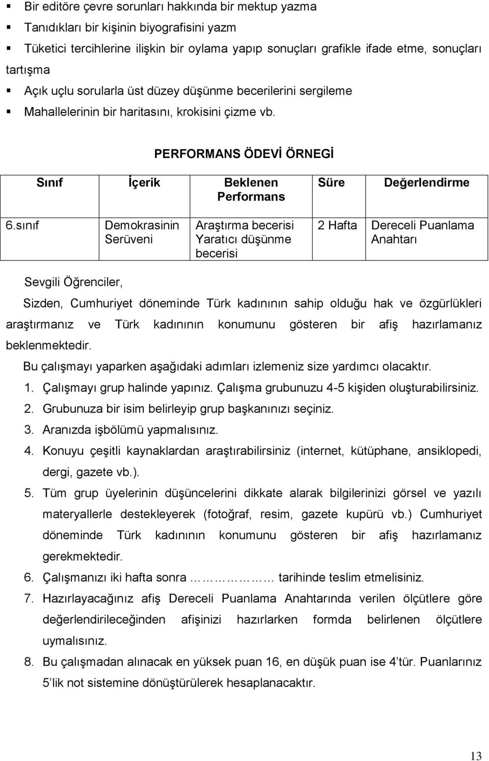 sınıf Demokrasinin Serüveni Araştırma becerisi Yaratıcı düşünme becerisi 2 Hafta Dereceli Puanlama Anahtarı Sevgili Öğrenciler, Sizden, Cumhuriyet döneminde Türk kadınının sahip olduğu hak ve