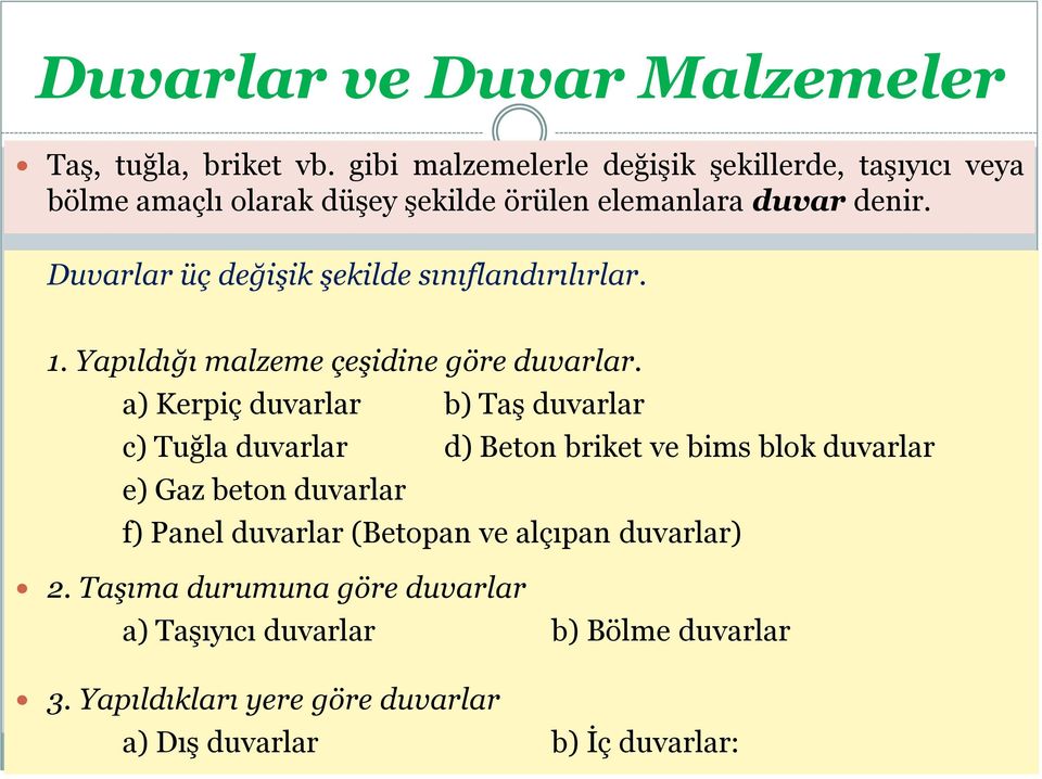 Duvarlar üç değişik şekilde sınıflandırılırlar. 1. Yapıldığı malzeme çeşidine göre duvarlar.