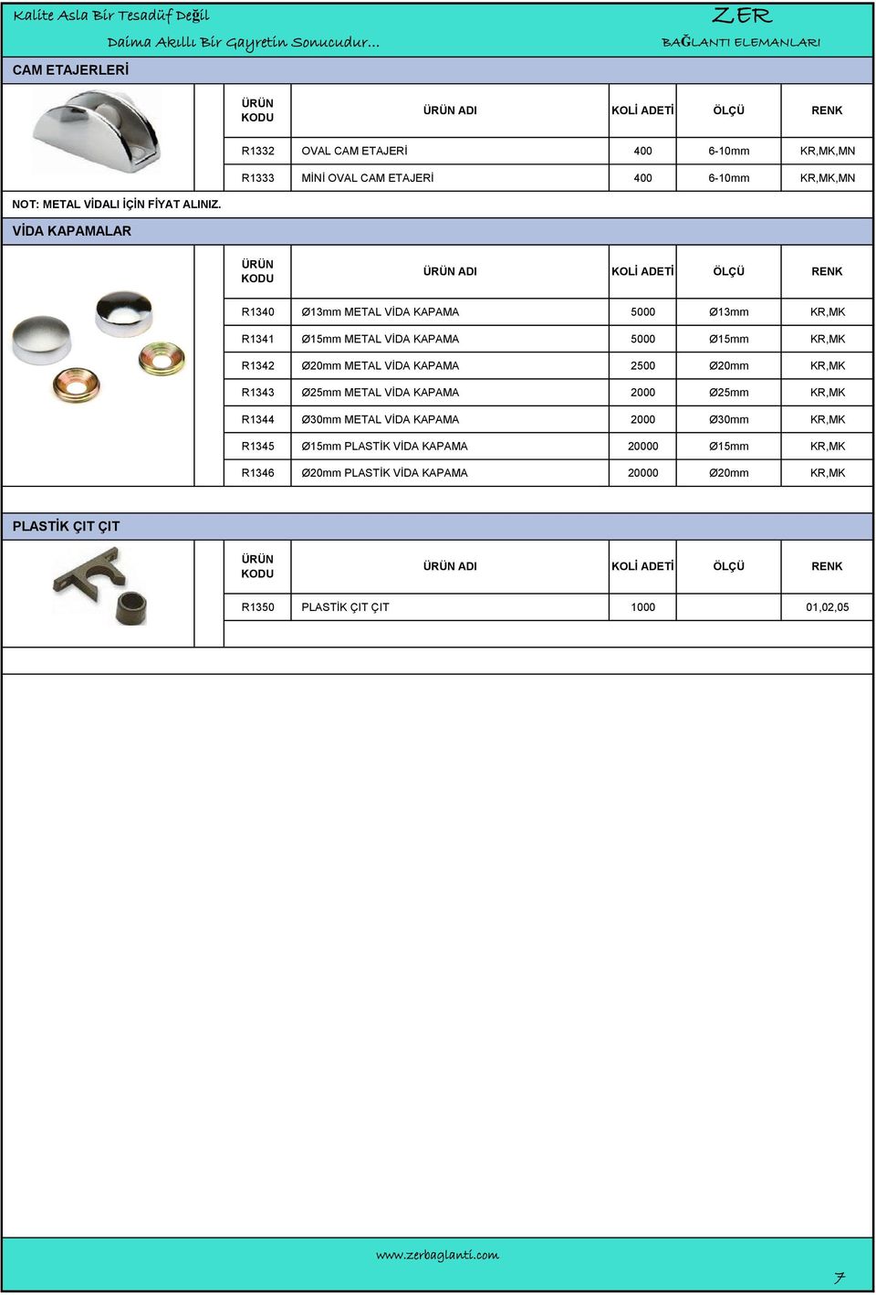 VİDA KAPAMALAR ADI R1340 Ø13mm METAL VİDA KAPAMA 5000 Ø13mm KR,MK R1341 Ø15mm METAL VİDA KAPAMA 5000 Ø15mm KR,MK R1342 Ø20mm METAL VİDA