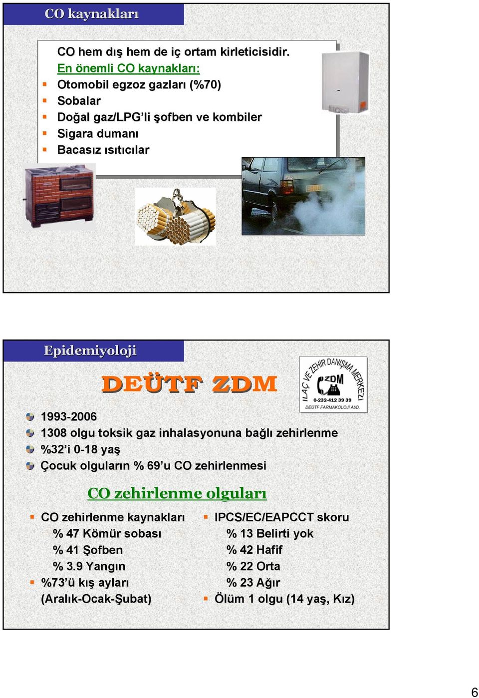 Epidemiyoloji 1993-2006 1308 olgu toksik gaz inhalasyonuna bağlı zehirlenme %32 i 0-180 yaş Çocuk olguların % 69 u CO zehirlenmesi CO