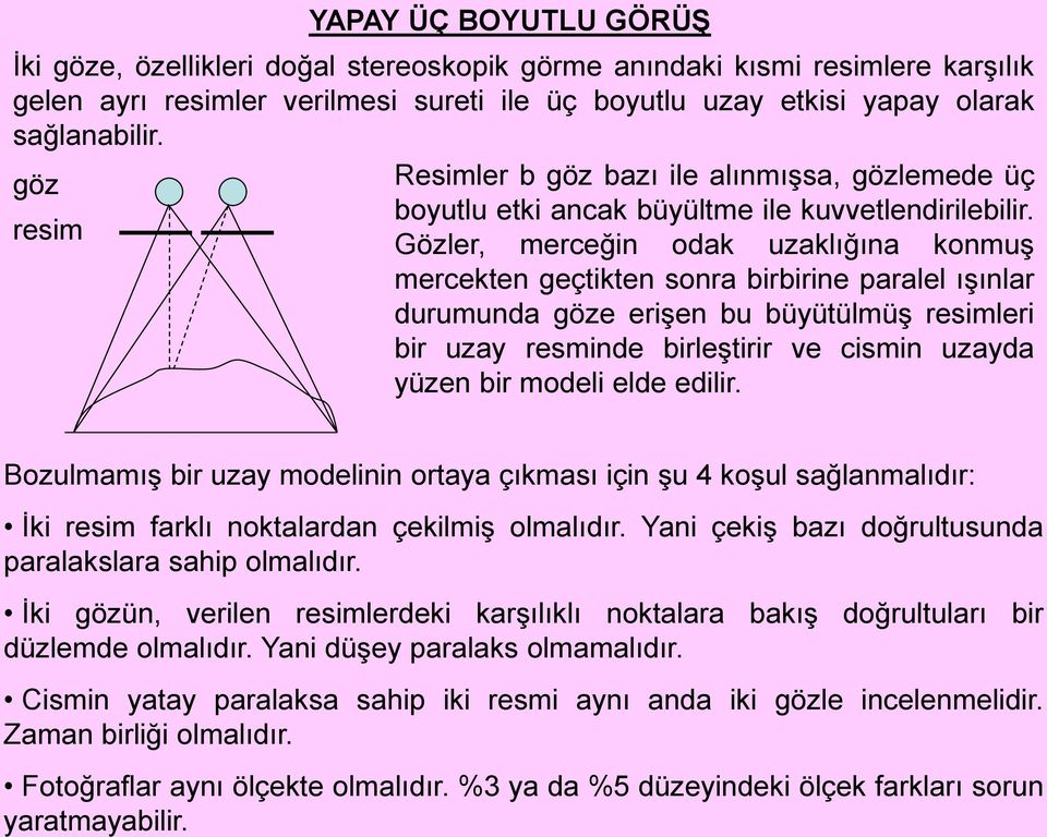 resim Gözler, merceğin odak uzaklığına konmuş mercekten geçtikten sonra birbirine paralel ışınlar durumunda göze erişen bu büyütülmüş resimleri bir uzay resminde birleştirir ve cismin uzayda yüzen