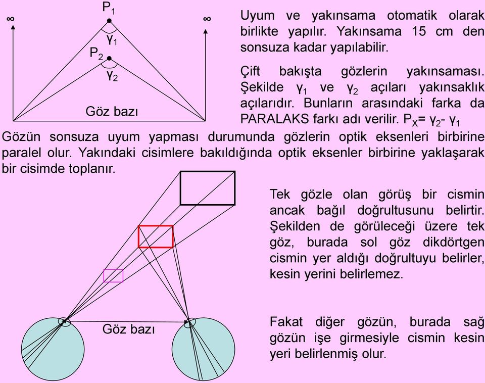 P X = γ 2 - γ 1 Gözün sonsuza uyum yapması durumunda gözlerin optik eksenleri birbirine paralel olur.