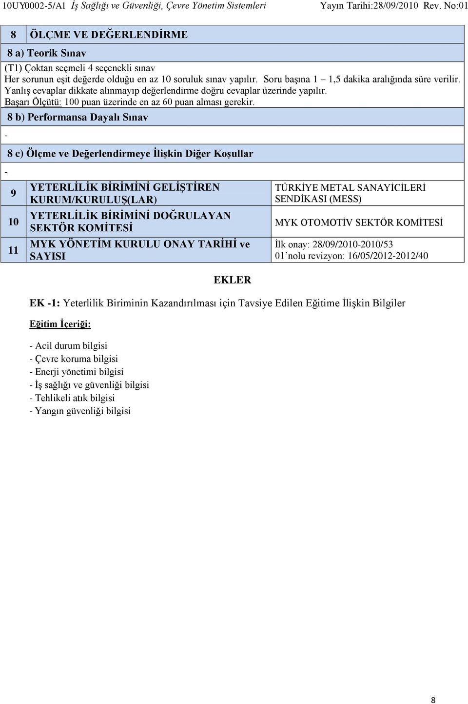 Başarı Ölçütü: 100 puan üzerinde en az 60 puan alması gerekir.