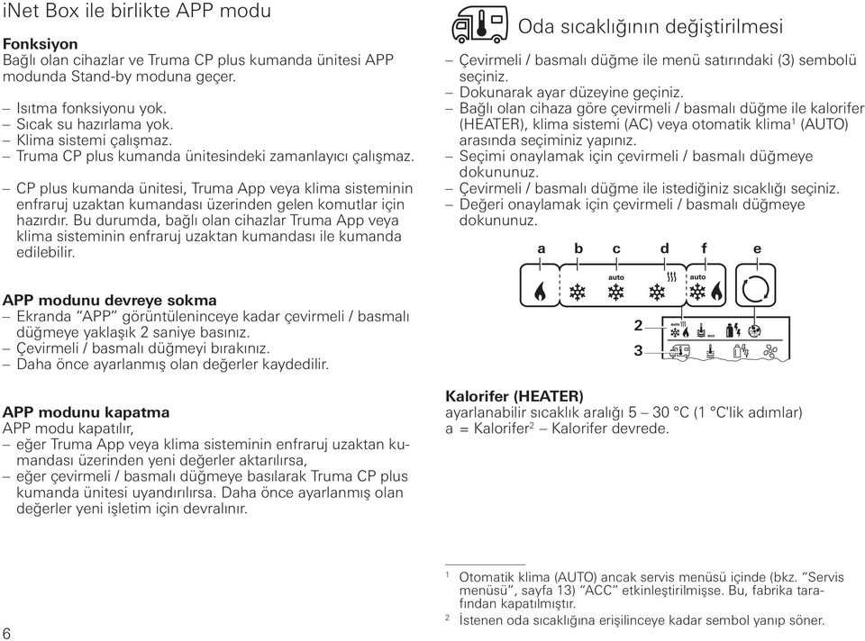 Bu durumda, bağlı olan cihazlar Truma App veya klima sisteminin enfraruj uzaktan kumandası ile kumanda edilebilir.