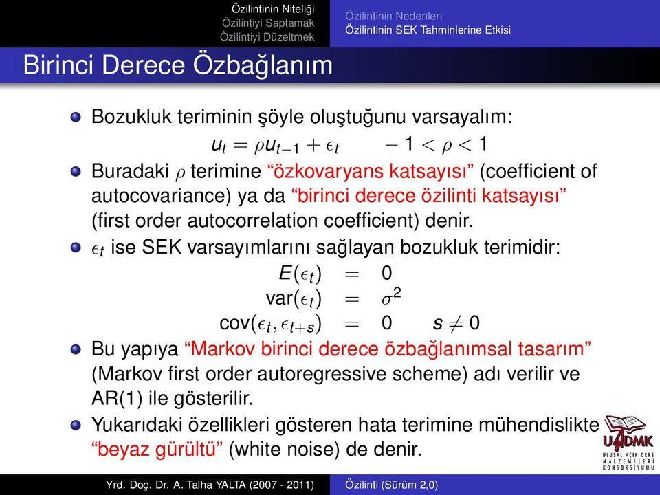 ɛ t ise SEK varsayımlarını sağlayan bozukluk terimidir: E(ɛ t ) = 0 var(ɛ t ) = σ 2 cov(ɛ t, ɛ t+s ) = 0 s 0 Bu yapıya Markov birinci derece özbağlanımsal tasarım