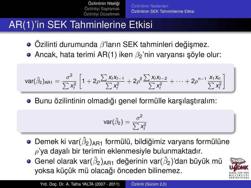 1 x n P x 2 Bunu özilintinin olmadığı genel formülle karşılaştıralım: t var( ˆβ 2 ) = σ2 P x 2 t Demek ki var( ˆβ 2 ) AR1 formülü, bildiğimiz varyans