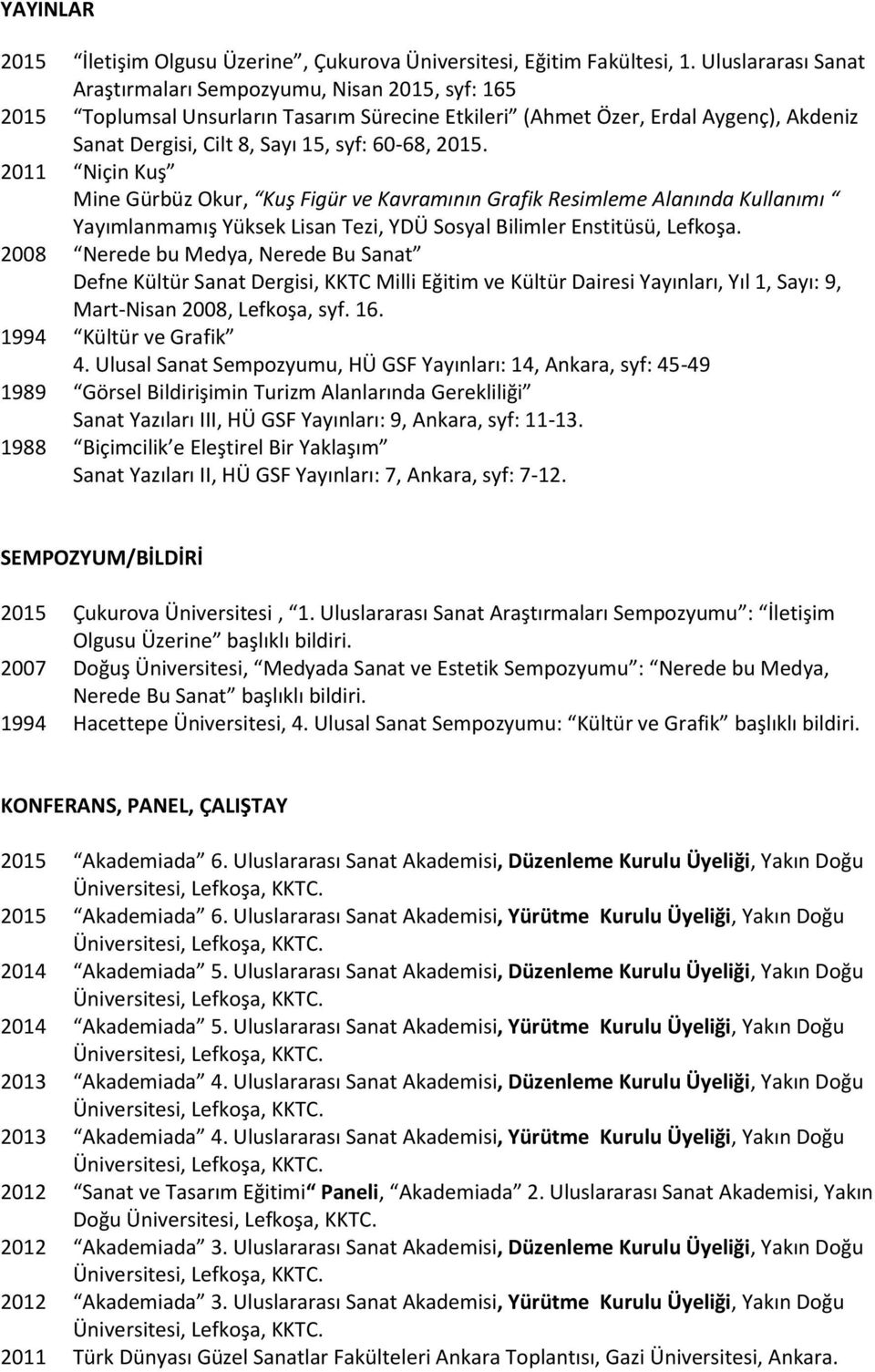 2015. 2011 Niçin Kuş Mine Gürbüz Okur, Kuş Figür ve Kavramının Grafik Resimleme Alanında Kullanımı Yayımlanmamış Yüksek Lisan Tezi, YDÜ Sosyal Bilimler Enstitüsü, Lefkoşa.