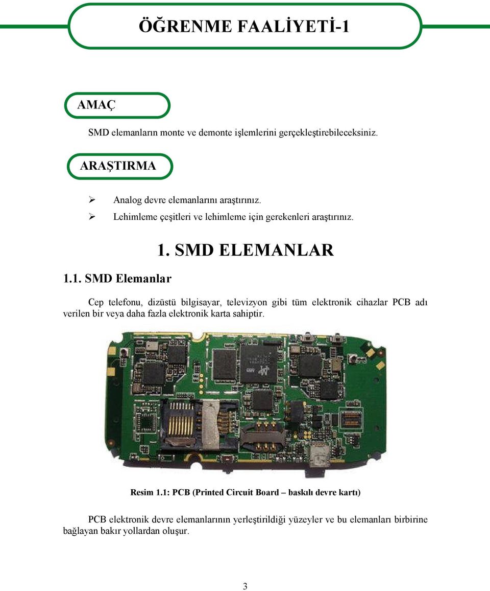 SMD ELEMANLAR Cep telefonu, dizüstü bilgisayar, televizyon gibi tüm elektronik cihazlar PCB adı verilen bir veya daha fazla elektronik karta