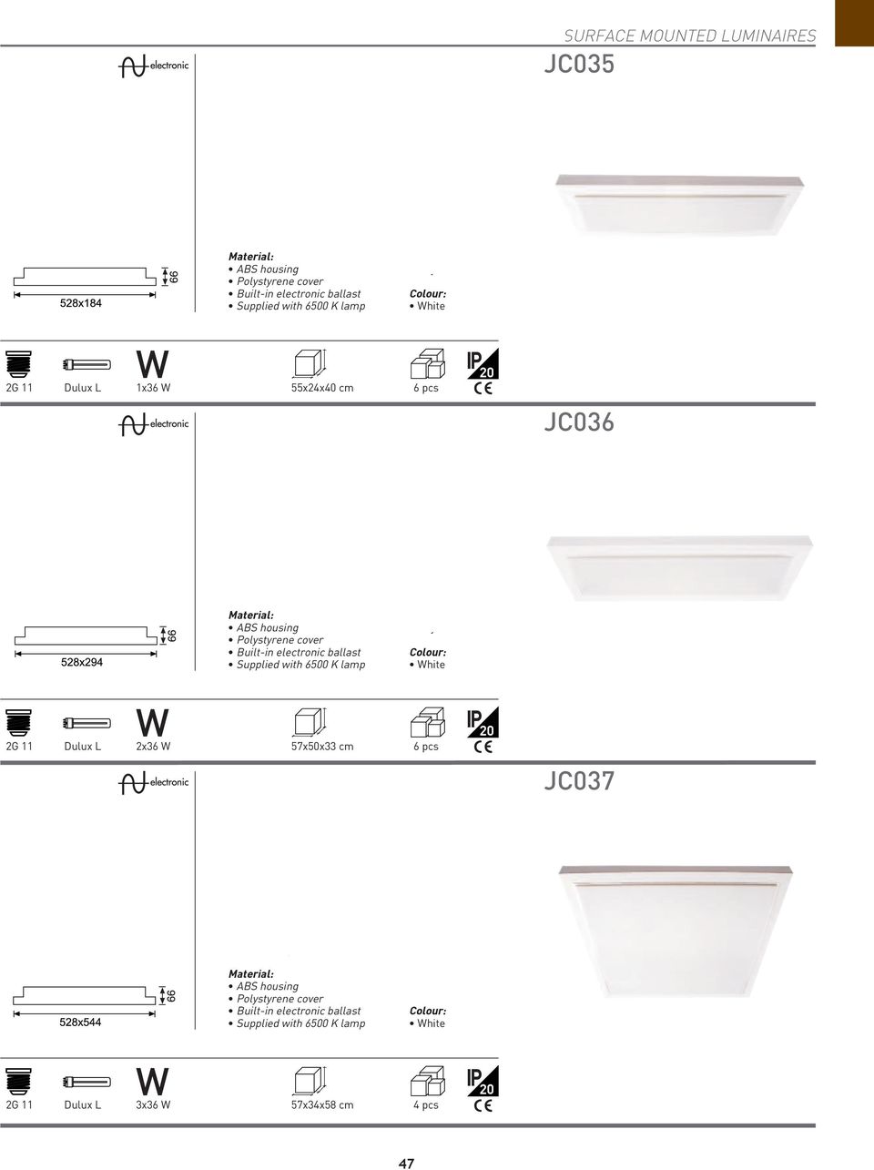 Polystyrene cover hite 2G 11 Dulux L 2x36 57x50x33 cm 6 pcs Y JC037 ABS gövde