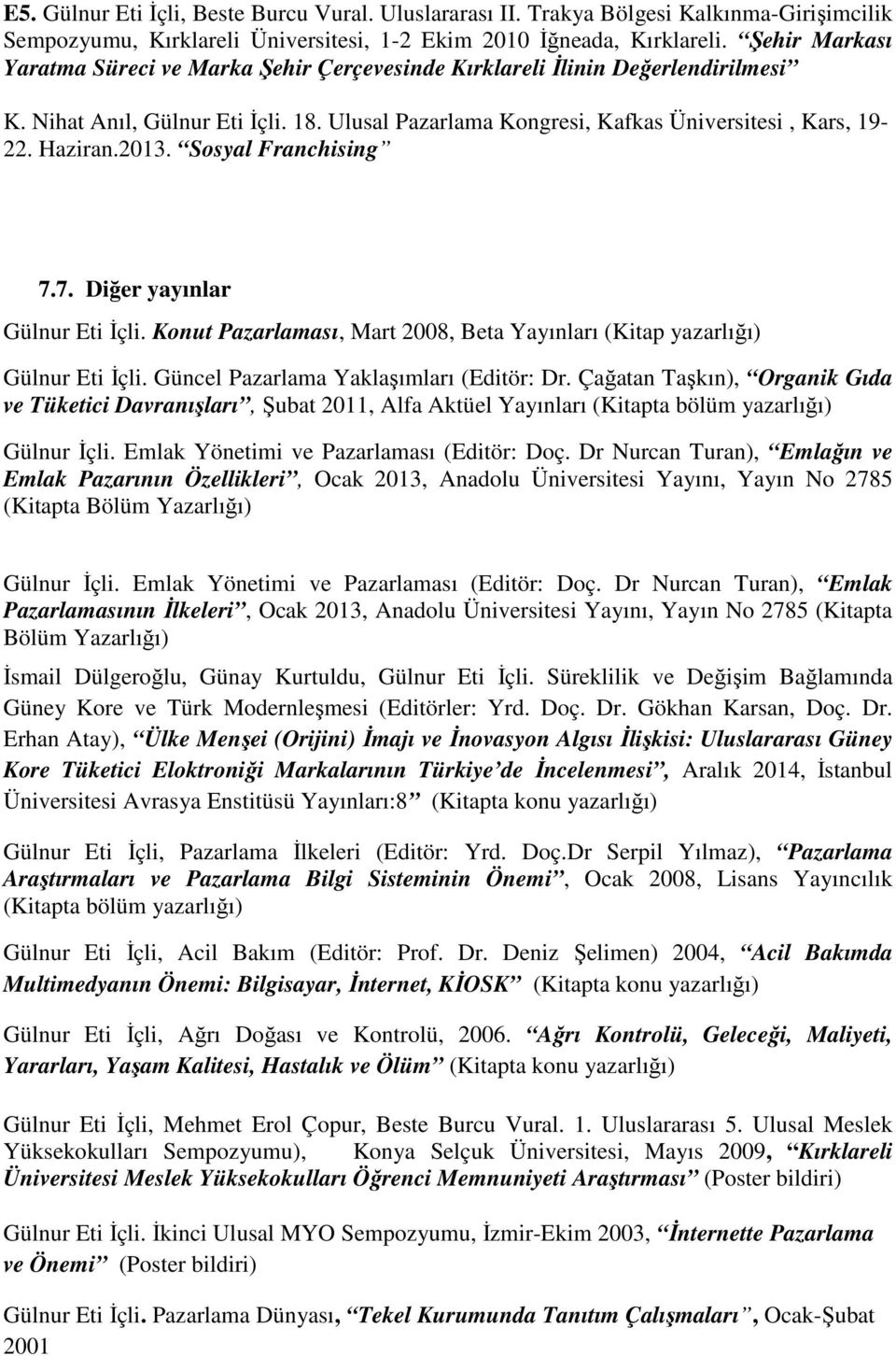 2013. Sosyal Franchising 7.7. Diğer yayınlar Gülnur Eti İçli. Konut Pazarlaması, Mart 2008, Beta Yayınları (Kitap yazarlığı) Gülnur Eti İçli. Güncel Pazarlama Yaklaşımları (Editör: Dr.