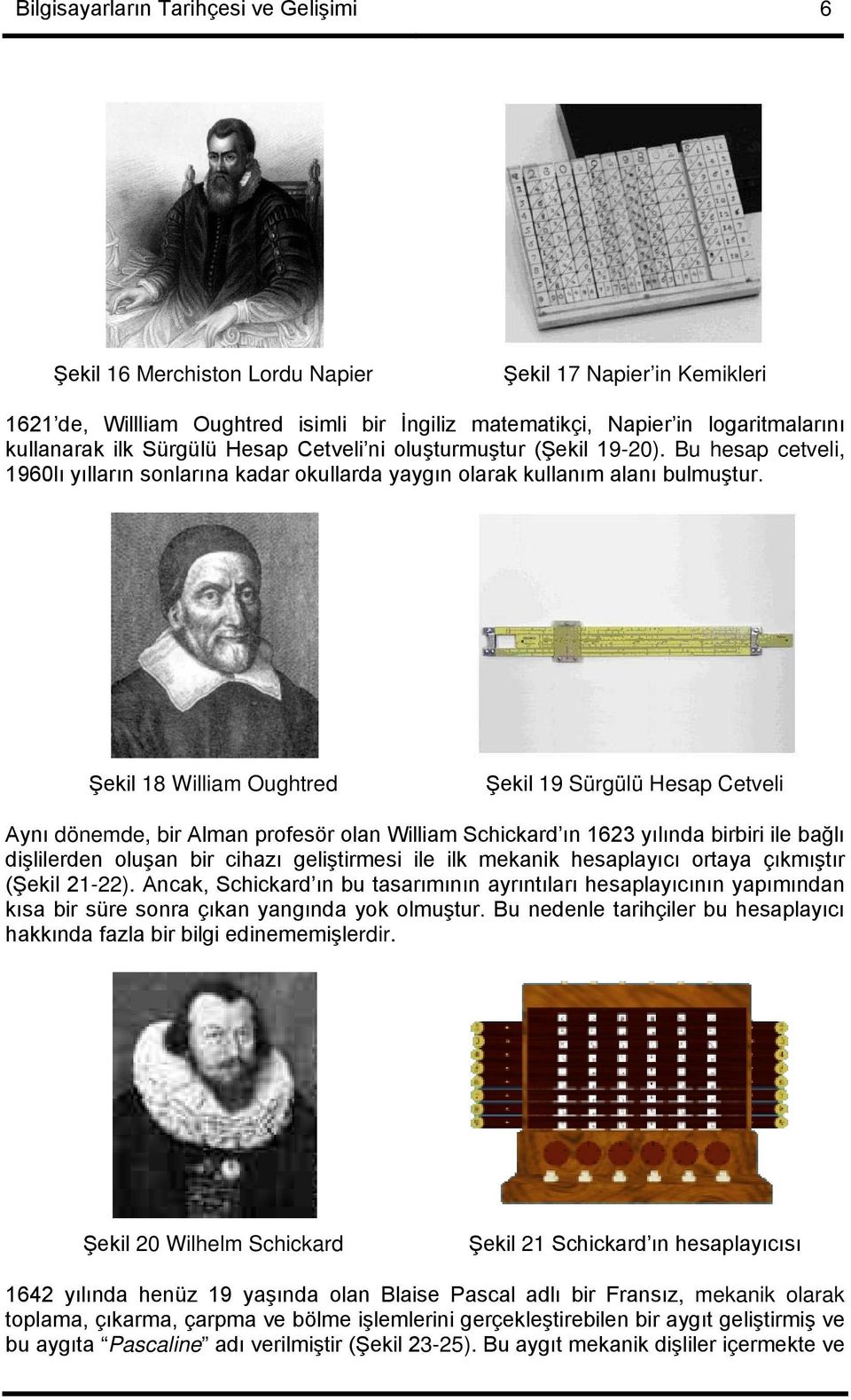 Şekil 18 William Oughtred Şekil 19 Sürgülü Hesap Cetveli Aynı dönemde, bir Alman profesör olan William Schickard ın 1623 yılında birbiri ile bağlı dişlilerden oluşan bir cihazı geliştirmesi ile ilk