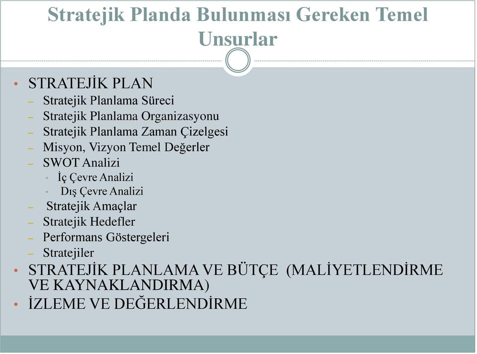 SWOT Analizi İç Çevre Analizi Dış Çevre Analizi Stratejik Amaçlar Stratejik Hedefler Performans