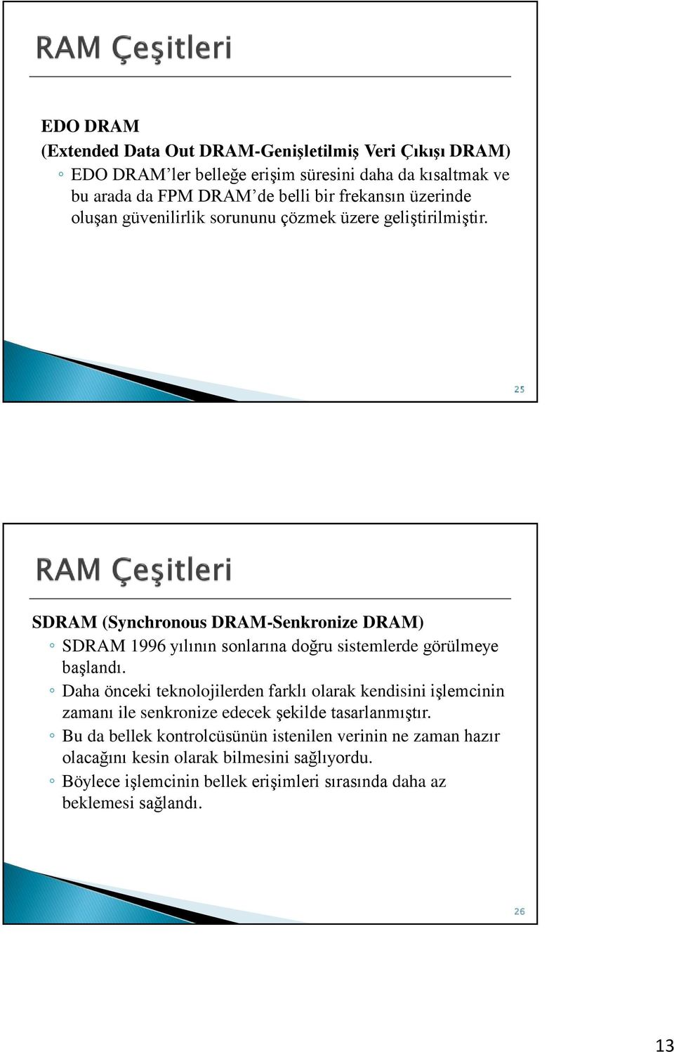 25 SDRAM (Synchronous DRAM-Senkronize DRAM) SDRAM 1996 yılının sonlarına doğru sistemlerde görülmeye başlandı.