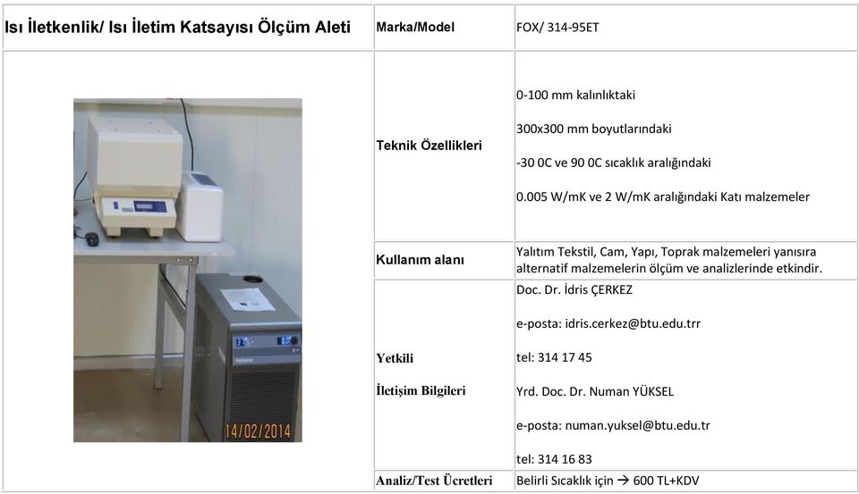 005 W/mK ve 2 W/mK aralığındaki Katı malzemeler Yalıtım Tekstil, Cam, Yapı, Toprak malzemeleri yanısıra alternatif malzemelerin ölçüm ve