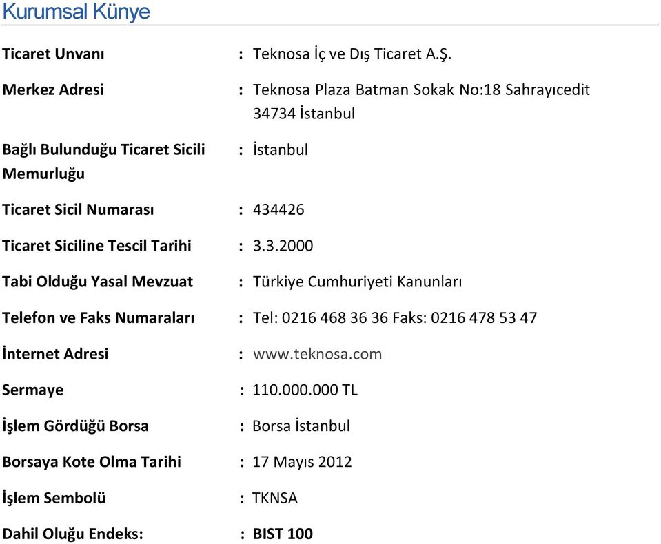 734 İstanbul : İstanbul Ticaret Sicil Numarası : 434426 Ticaret Siciline Tescil Tarihi : 3.3.2000 Tabi Olduğu Yasal Mevzuat : Türkiye Cumhuriyeti