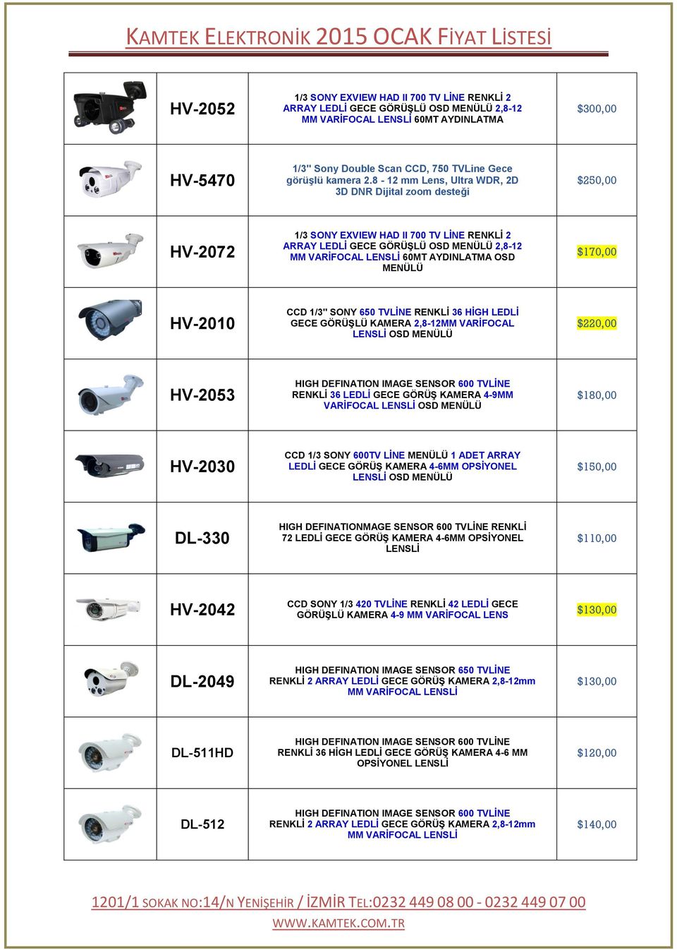 $170,00 HV-2010 CCD 1/3" SONY 650 TVLİNE RENKLİ 36 HİGH LEDLİ GECE GÖRÜŞLÜ KAMERA 2,8-12MM VARİFOCAL OSD MENÜLÜ $220,00 HV-2053 HIGH DEFINATION IMAGE SENSOR 600 TVLİNE RENKLİ 36 LEDLİ GECE GÖRÜŞ