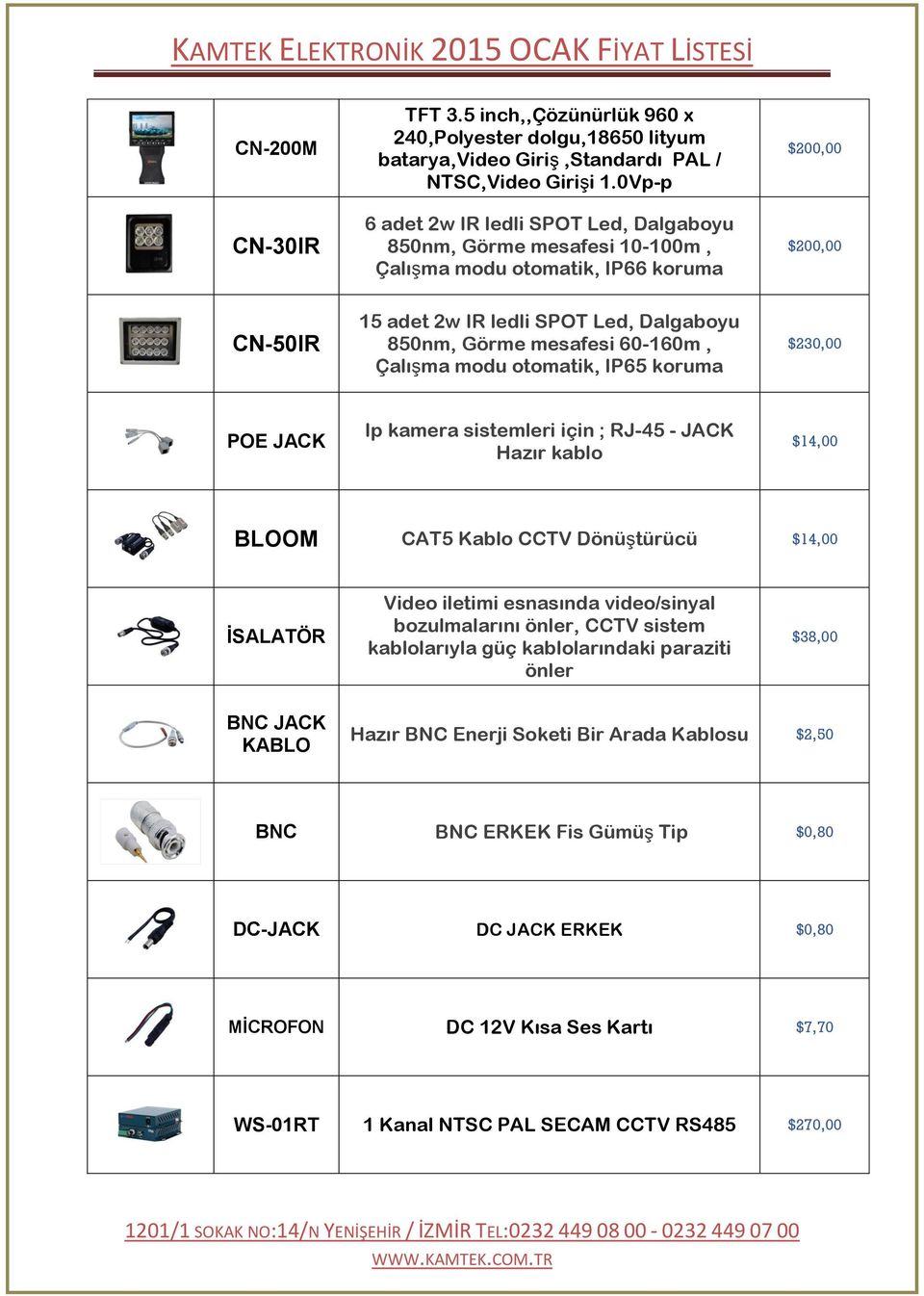 60-160m, Çalışma modu otomatik, IP65 koruma $230,00 POE JACK Ip kamera sistemleri için ; RJ-45 - JACK Hazır kablo $14,00 BLOOM CAT5 Kablo CCTV Dönüştürücü $14,00 İSALATÖR Video iletimi esnasında