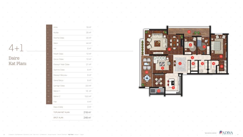 Giyinme Odası 8 5 13 10 Ebeveyn Banyosu 6 m² 11 Genel Banyo 6 m² 12 Çamaşır Odası 3.