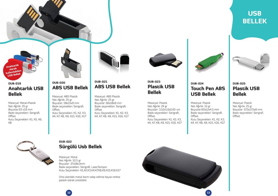 Touch Pen ABS Net Ağırlık: 15 gr Boyutlar:60x12x4.5 mm DUB-025 Plastik USB Boyutlar: 57,5x17,5x8 mm DUB-022 Sürgülü Usb Net Ağırlık: 10.