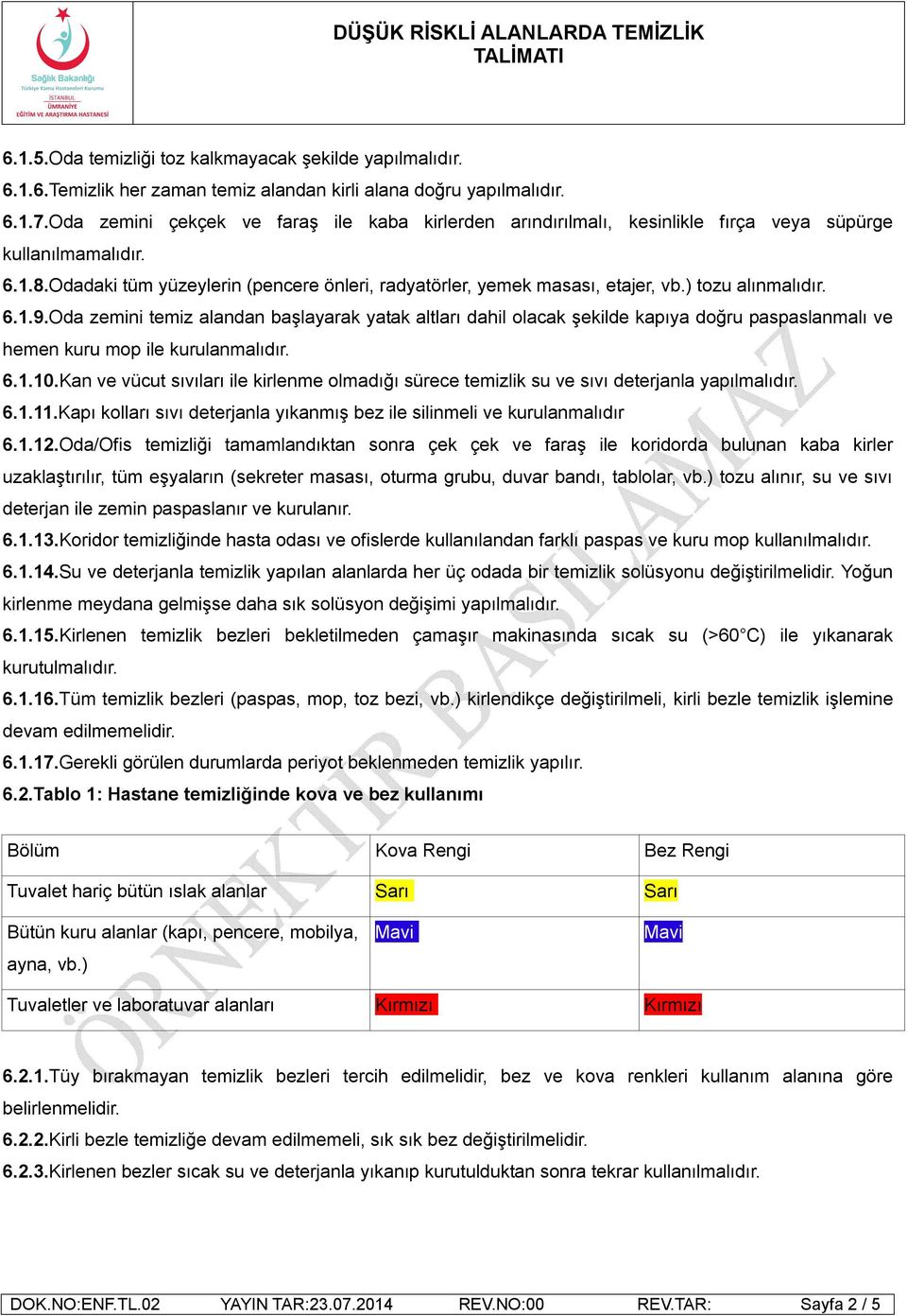 ) tozu alınmalıdır. 6.1.9.Oda zemini temiz alandan başlayarak yatak altları dahil olacak şekilde kapıya doğru paspaslanmalı ve hemen kuru mop ile kurulanmalıdır. 6.1.10.