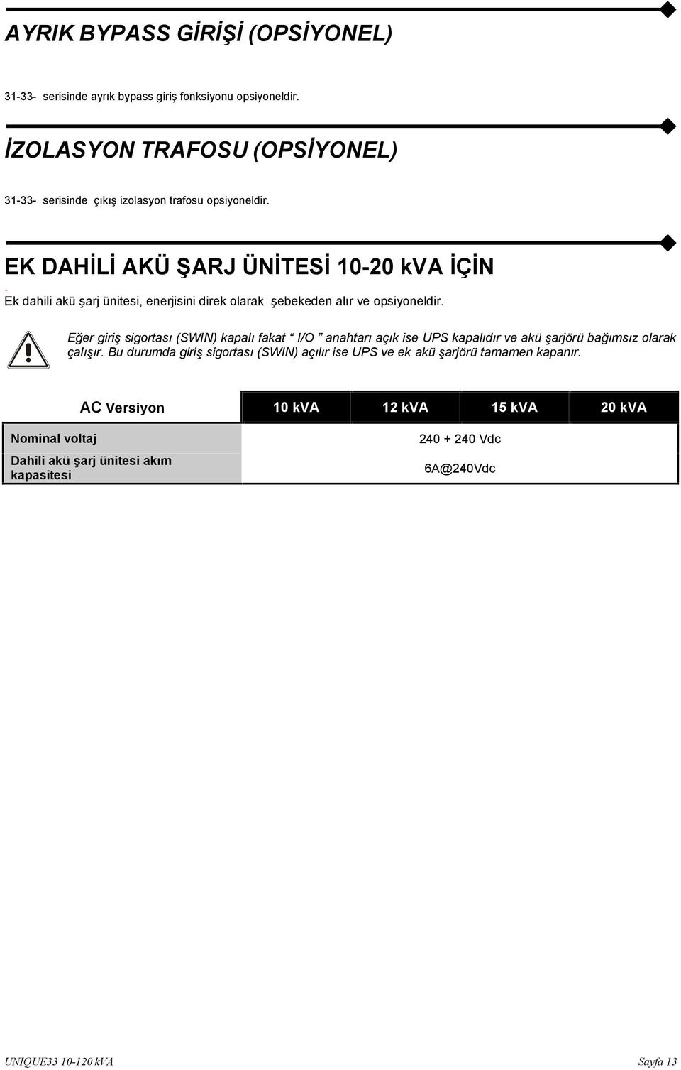 Ek dahili akü şarj ünitesi, enerjisini direk olarak şebekeden alır ve opsiyoneldir.