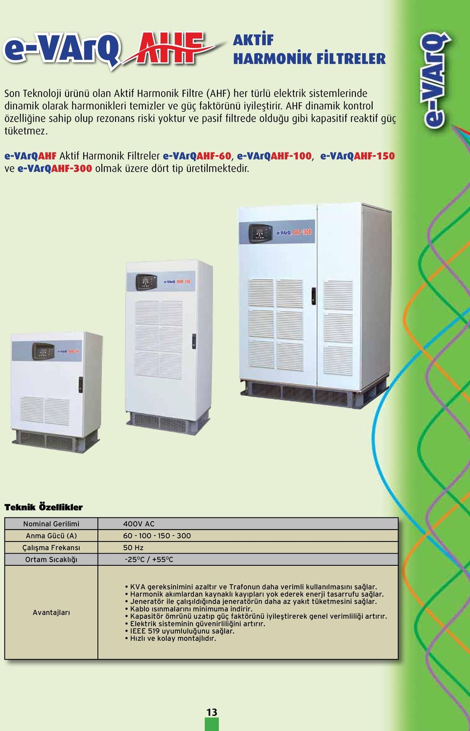 e-varqahf Aktif Harmonik Filtreler e-varqahf-60, e-varqahf-100, e-varqahf-150 ve e-varqahf-300 olmak üzere dört tip üretilmektedir.