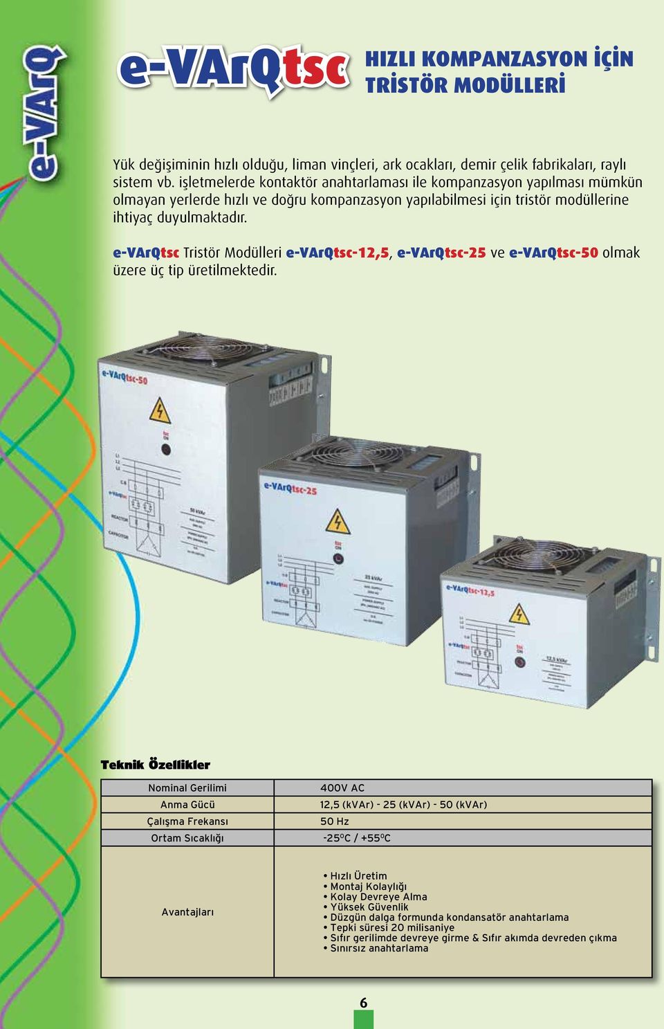 e-varqtsc Tristör Modülleri e-varqtsc-12,5, e-varqtsc-25 ve e-varqtsc-50 olmak üzere üç tip üretilmektedir.