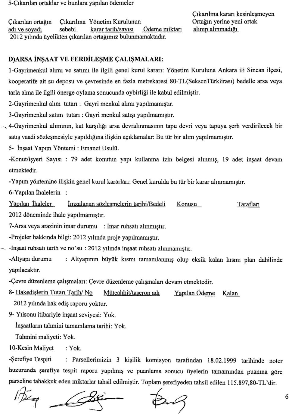 Çıkarılma kararı kesinleşmeyen Ortağın yerine yeni ortak alınıp alınmadığı D)ARSA İNŞAAT VE FERDİLEŞME ÇALIŞMALARI: 1-Gayrimenkul alımı ve satımı ile ilgili genel kurul kararı: Yönetim Kuruluna