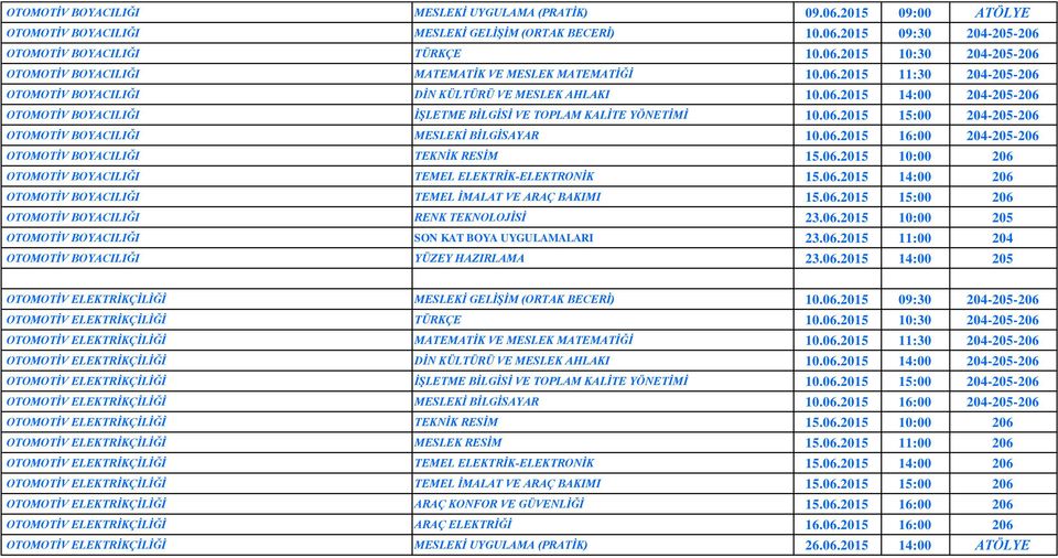 06.2015 16:00 204-205-206 OTOMOTİV BOYACILIĞI TEKNİK RESİM 15.06.2015 10:00 206 OTOMOTİV BOYACILIĞI TEMEL ELEKTRİK-ELEKTRONİK 15.06.2015 14:00 206 OTOMOTİV BOYACILIĞI TEMEL İMALAT VE ARAÇ BAKIMI 15.