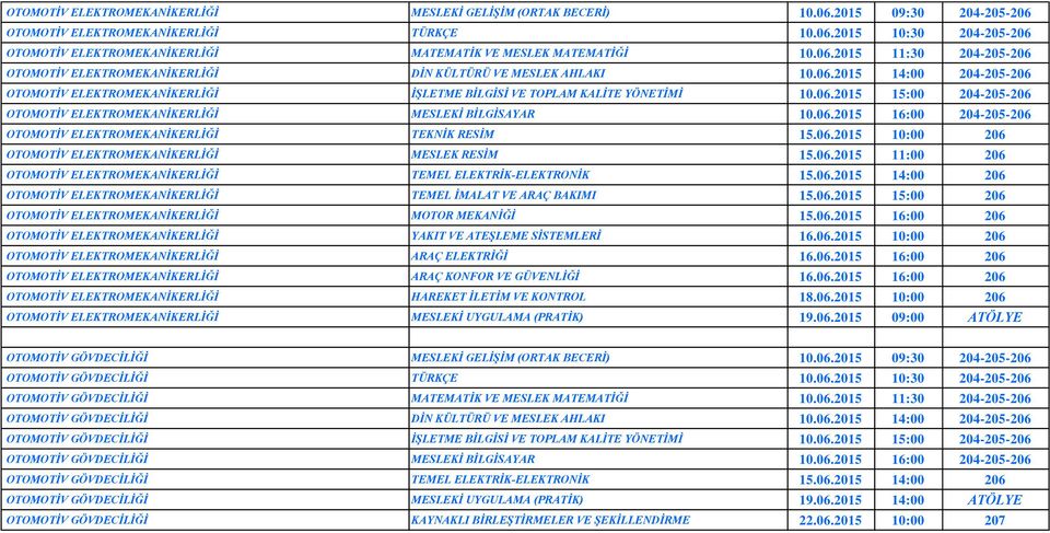 06.2015 16:00 204-205-206 OTOMOTİV ELEKTROMEKANİKERLİĞİ TEKNİK RESİM 15.06.2015 10:00 206 OTOMOTİV ELEKTROMEKANİKERLİĞİ MESLEK RESİM 15.06.2015 11:00 206 OTOMOTİV ELEKTROMEKANİKERLİĞİ TEMEL ELEKTRİK-ELEKTRONİK 15.