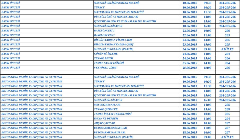 06.2015 10:00 206 BASKI ÖNCESİ BASKI ÖNCESİ-2 22.06.2015 11:00 205 BASKI ÖNCESİ BİLGİSAYARDAN FİLME ÇIKIŞ 23.06.2015 14:00 205 BASKI ÖNCESİ BİLGİSAYARDAN KALIBA ÇIKIŞ 23.06.2015 15:00 205 BASKI ÖNCESİ MESLEKİ UYGULAMA (PRATİK) 24.