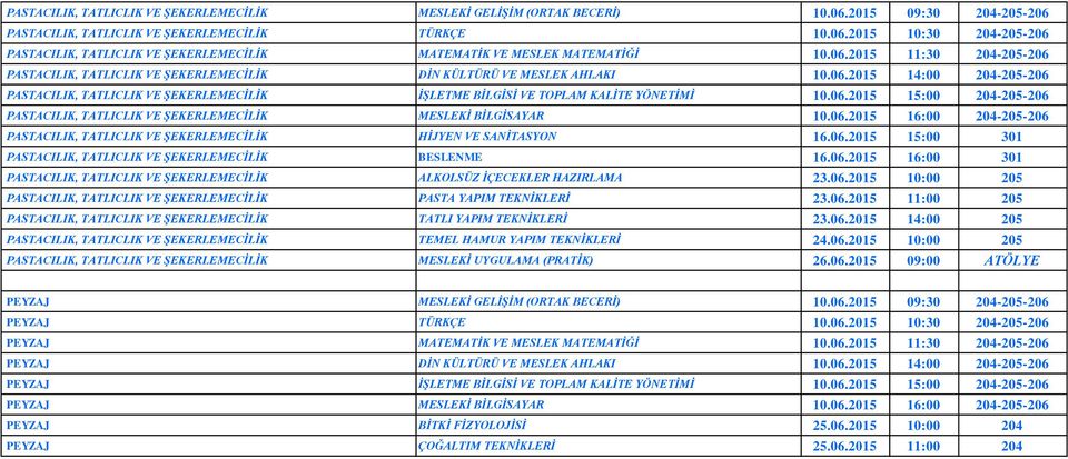 06.2015 15:00 204-205-206 PASTACILIK, TATLICLIK VE ŞEKERLEMECİLİK MESLEKİ BİLGİSAYAR 10.06.2015 16:00 204-205-206 PASTACILIK, TATLICLIK VE ŞEKERLEMECİLİK HİJYEN VE SANİTASYON 16.06.2015 15:00 301 PASTACILIK, TATLICLIK VE ŞEKERLEMECİLİK BESLENME 16.