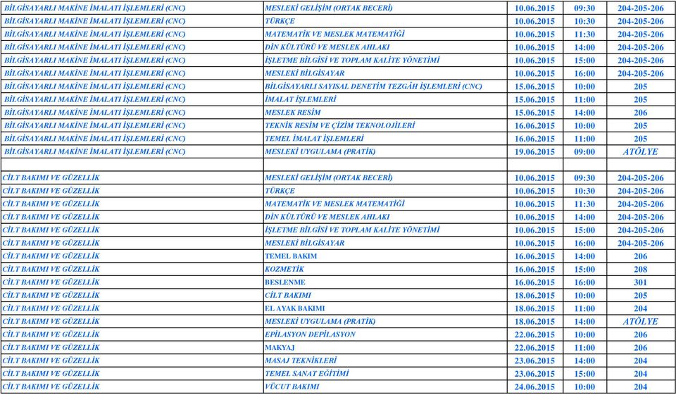 06.2015 15:00 204-205-206 BİLGİSAYARLI MAKİNE İMALATI İŞLEMLERİ (CNC) MESLEKİ BİLGİSAYAR 10.06.2015 16:00 204-205-206 BİLGİSAYARLI MAKİNE İMALATI İŞLEMLERİ (CNC) BİLGİSAYARLI SAYISAL DENETİM TEZGÂH İŞLEMLERİ (CNC) 15.